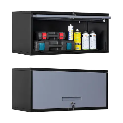 Letaya Modern Metal Wall-Mounted Floating Cupboard with Doors - 0.8mm Heavy-Duty, Rust-Resist Coat, Child-Resistant, EZ-Open, Lockable, 120lb Capacity, 31.5" Wall Fit - For Garage, Basement Organization