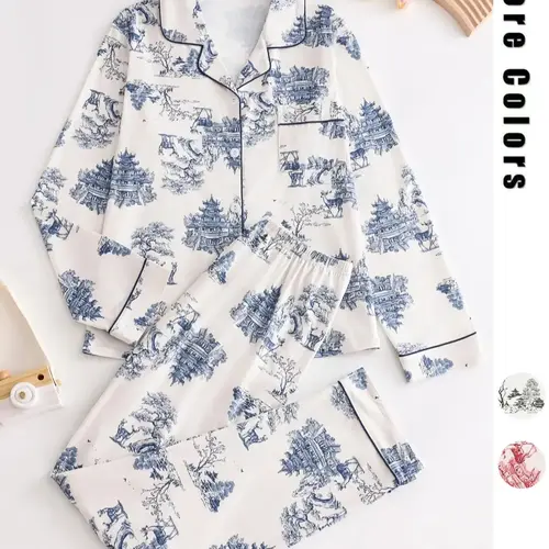 Two-Piece Set Women's All Over Print Button Front Pocket Lapel Shirt & Elastic Waist Pants Pyjama, Casual Comfy Long Sleeve Top & Trousers PJ Set, Women's Sleepwear & Loungewear for Spring & Fall, Pajama Set