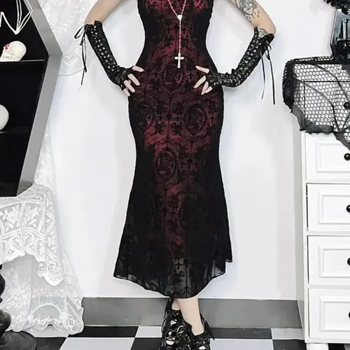 Women's Cross & Skull Print Contrast Lace Bow Decor Mermaid Dress, Elegant Adjustable Strap Cami Dress for Party Holiday Wedding Guest, Ladies Fall Clothes, Autumn Party Gown, Bodycon Fit Dress