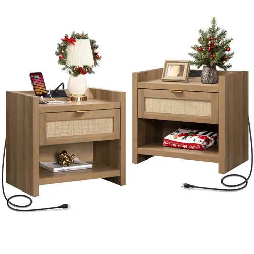 SICOTAS Nightstand Sets of 2 Rattan Bedside Tables - Type-C Charging Station, Drawer Storage, Wide Open Shelf, Protected Feet, Large Space End Tables (15.4"x23.6"x22.1") Durable Boho Furniture for Bedroom, Living Room