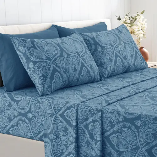 LDC LUX DECOR COLLECTION Paisley Bedsheet Sets - 6-Piece 100% Polyester Warm Print Bedding Set, Comfy, Breathable, Cooling, 16" Deep Pocket, Wrinkle & Fade Resistant, Hotel-Grade, 6 Sizes & Various Colors Available