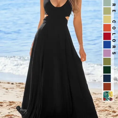 Women's Plain Cut Out Backless Halter Dress, Boho Bohemian Sleeveless Tie Back A Line Maxi Dress for Beach Holiday Vacation, Ladies Clothes for All Seasons