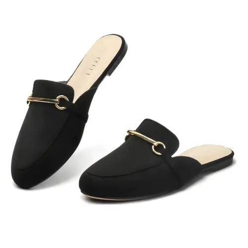 MUSSHOE Women’s Closed Toe Mule Loafers, Beige Suede-Look Slip On Flats with Gold Horsebit, Backless Work Shoes