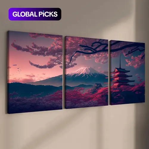 Wood-Framed Canvas Wall Art, Set of 1–3 Japanese-Style Cherry Blossom Landscape Canvas Prints, Waterproof, Vibrant Colors, Modern Home Wall Decor #GLOBAL PICKS
