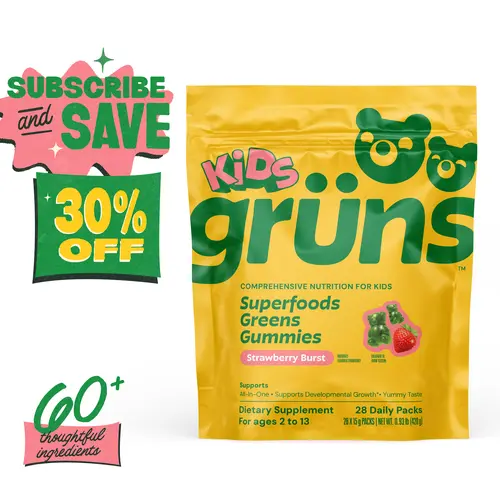 Grüns Kids Super Greens Multivitamin Gummies: 21+ Vitamins & Minerals | Fruit & Veggie Blend | Daily Dietary Supplement Gut Health Bundle Edible