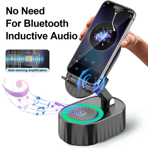 AKLLCCR 5-in-1 Wireless Smartphone Speaker Bluetooth - Adjustable Rotatable Electronic Cell Phone Stand with Induction Audio, LED Light, USB Charging Power Bank, 5.3 HD Surround Subwoofer, 300° Foldable Lift, Non-Slip Base, Gifts for Him, Blue