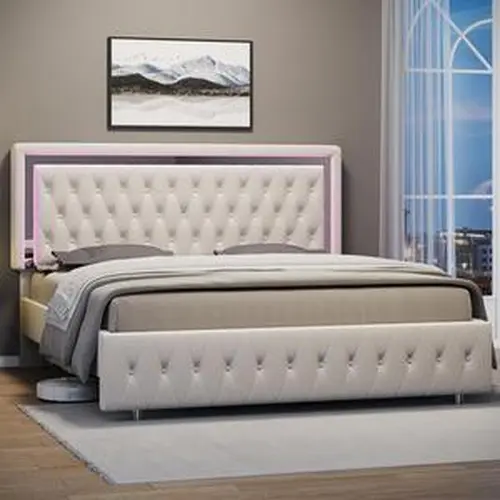 【Bed Frame Only】VanAcc LED Bed Frame with Led Lights Adjustable Headboard Velvet Button Tufted/Acrylic Mirror Accents, No Box Spring Needed/Christmas Gift #homemakeover