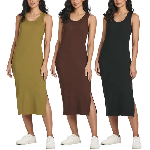 Real Essentials 3 Pack: Women's Ribbed Knit Short-Sleeve V-Neck Swing T-Shirt Casual Dress (Available in Plus)
