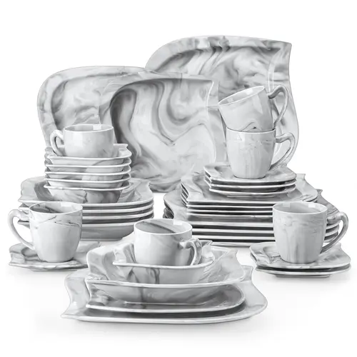MALACASA Elvira Series Stylish Square Leaf Tableware Set for 6 - Porcelain Dinnerware with Dinner Plates, Bowls, Coffee Cups and Saucers, Modern Kitchenware Set