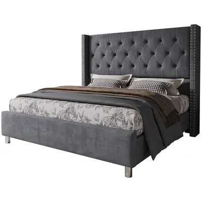 [Summerwins]VanAcc Upholstered Bed Frame with 49.2" Tall Headboard, Modern Wingback Platform Bed, Low Profile Velvet Tufted Button, No Box Spring Needed