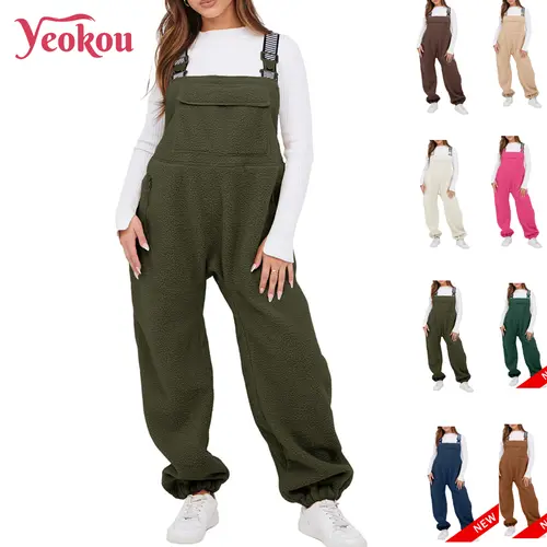 Yeokou Women's Fleece Romper Jumpsuit - Soft and Comfy Bib Overalls with Adjustable Straps, Buckle Front Close, Leg & Back Pockets, Warm Winter Ski Pants