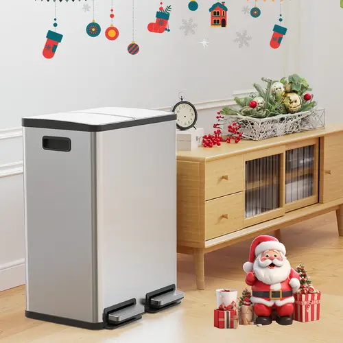 Dual Compartment 16 Gallon Stainless Steel Kitchen Trash Can with Lid and Step Pedals,Fingerprint Proof Garbage Bin for Home and Office,dorm essentials,home essentials