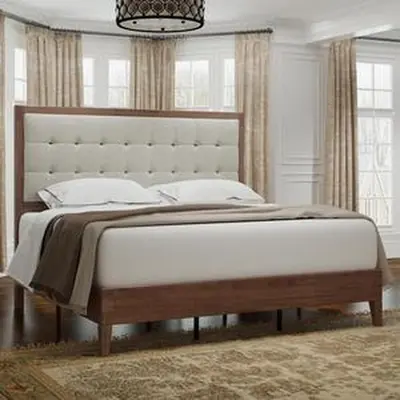 VanAcc Solid Wood Bed Frame with Upholstered Tufted Headboard, Solid Wood Foundation, Platform Bed with Luxury Pull-spot Tufted Design, Unique Bedroom Furniture, No Box Spring Needed