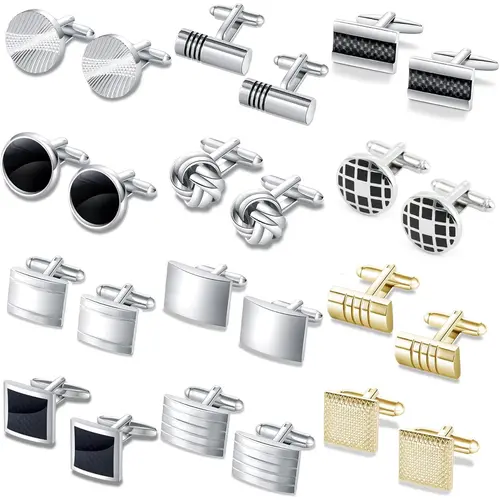 Men’s 12-Piece Classic Tone Cufflinks Set - Men’s Accessories with Silver Striped Disc, Square, Rectangle Designs, Modern Unisex Cuff Links for Wedding, Business