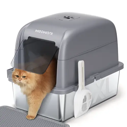 Meowant LB02 Stainless Steel Litter Box with Lid - Extra-Large 3-in-1 Detachable Enclosure, 81L/20L Options, 30-Day Litter Use, High Sides, Odor Control, Non-Stick, Scratch-Resistant, Rust-Free Cat Tray for Pet Lovers, Metal Litter Box