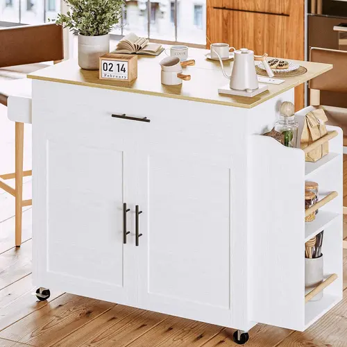IRONCK Sturdy Modern Rolling Kitchen Island Cart with Drop Leaf, Wheels, 3 Open Spice Racks for Spice Organization, Adjustable Cabinet, Drawer, Basic MDF Wood Farmhouse Cupboard, 127kg Load Capacity, Adjustable Storage Cabinet
