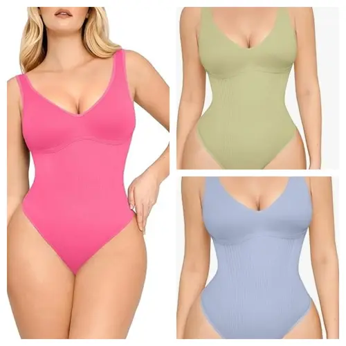 FeelinGirl Bodysuit for Women Slimming V Neck Bodysuits Snatched Waist Body Suit Shaping Thong Comfort Fabric Fit Seamless Sleeveless #summervibes