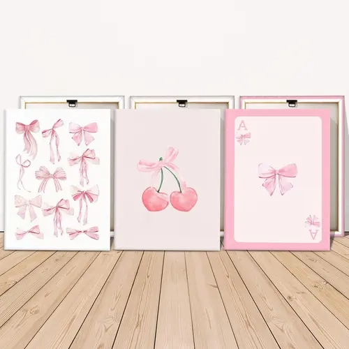 Wooden Framed Canvas Painting, 3 Counts/set Cute Bow Pattern Wall Art Decoration for Girl for Home Living Room Bedroom Office
