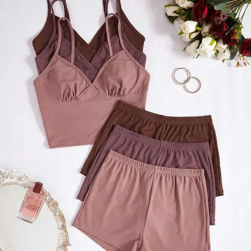 Women's Solid Color Crop Cami Top & Medium Elastic Waist Shorts Pyjama Set, Casual Comfy Chic Spaghetti Strap Camisole & Shorts Pj Set, Ladies Summer Sleepwear