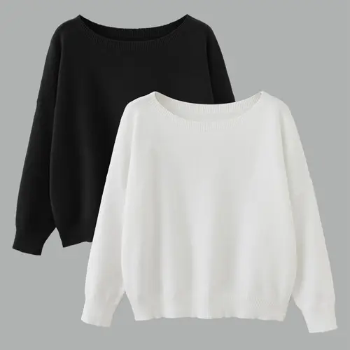 Women's Basic Solid Color Drop Shoulder Boat Neck Sweater, Casual Long Sleeve Jumper for Fall & Winter, Fashion Ladies' Knitwear, Casual Elegant Knitwear for Daily Wear, Sweaters for Women, Womenswear, Tops