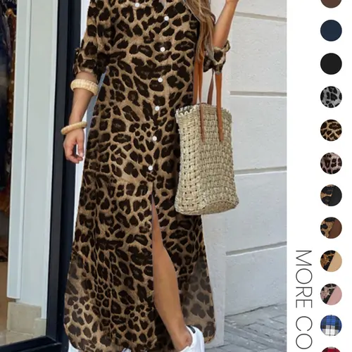 Women's Leopard Print Button Front Flap Pocket Shirt Dress, Long Sleeve Collared Loose Casual Curved Hem Dress, All-Season Ladies Daily Wear, Casual Elegant Dress, Womenswear