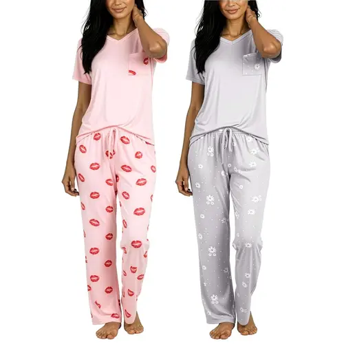Real Essentials 2 Pack: Women's Comfy Pajama Sets - Short Sleeve Ladies Loungewear Sleepwear PJs (Available In Plus)