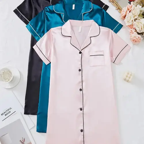 Women's Satin Pajama Dress, Contrast Binding Button-Front Short-Sleeve Lapel Nightdress with Pockets, All-Season Sleepwear Loungewear
