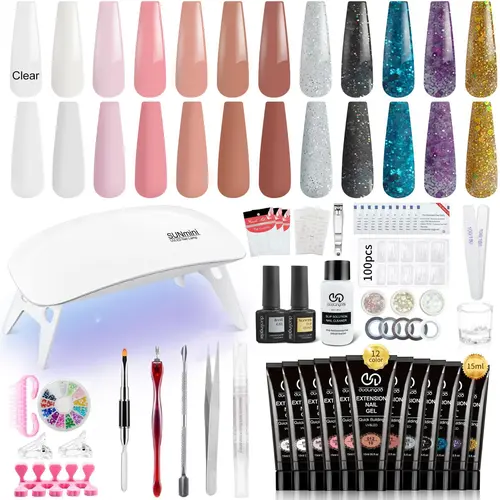 Poly Extension Gel Nail Kit, 12 Colors Poly Nail Gel Kit with Nail Lamp, Slip Solution, Basic Poly Gel, Tools, Trendy Nail Extension Gel for Nail Art Design, Polygel Nail Kit, Nail Supplies, Poly Gel Nail Kit Complete, Gel Nail Set