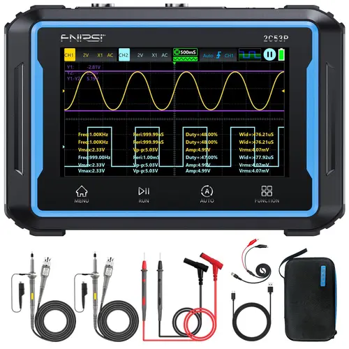 FNIRSI 2C53P 3-in-1 Handheld Tablet Oscilloscope - 2CH, 50Mhz Bandwidth, 250MS/s Sampling, 4.3in Touch Screen, 19999 Counts, Multimeter, 10mhz Signal Gen, FFT Harmonic View, 4000mAh, Circuit Tester Tool, Car Voltage Tester, Auto Ranging Voltmeter