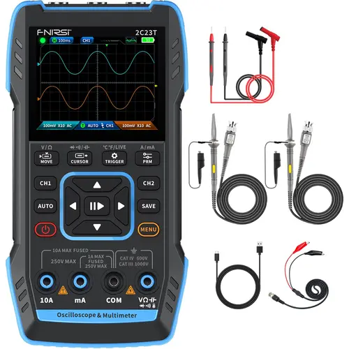 FNIRSI 2C23T 3-In-1 Handheld Oscilloscope Multimeter DDS Generator 2 Channels 10MHz Bandwidth 50MSa/s Sampling Rate 10000 Counts Car Charger USB Cable Circuit Tester Tool With 9.999A Current Voltage Capacitor Resistor Testing & Diode Test Mode