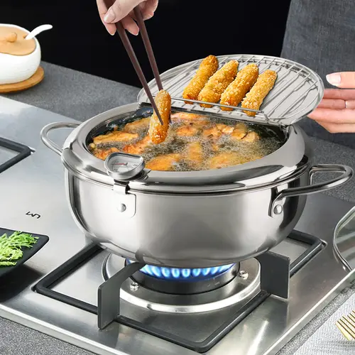 Deep Fryer Pot, 9.4 Inch/3.4 L Janpanese Style Tempura Frying Pot with Lid, 304 Stainless Steel with Temperature Control and Oil Drip Drainer Rack, for Kitchen French Fries, Chicken etc