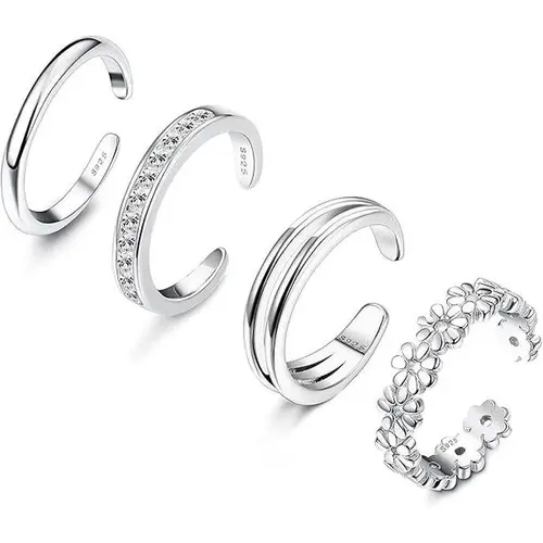 FIASASO 4 Count 925 Sterling Silver Toe Rings for Women Open Adjustable Band Rings Jewelry Set, Thumb Rings, Cubic Zirconia Rings