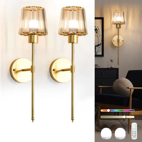 LIKERTLA 2-Pack Rechargeable Wireless Crystal Wall Sconces, Battery-Operated Home Lighting with Remote, 13 RGB Color Dimming, Auto Timer, for Living Room Bedroom Aesthetic Home Decor