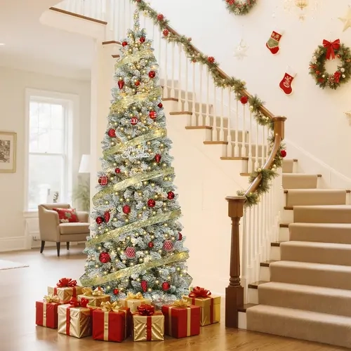 YITAHOME Pre-lit Pencil Christmas Tree 6/7.5ft (with Light), Hinged Artificial Slim Corner Xmas Tree for Home, Office, Party Decoration with Branch Tips and Lights