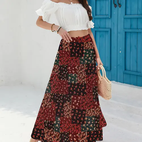 CYiNu summer outfits Women's High Waisted Floral Tiered Chiffon Maxi Skirt Boho Flowy A Line Long Skirt for Summer Casual Floral Maxi Skirt Style Plus Size Long Skirt Lightweight Petticoats Inspired Womenswear Bohemian