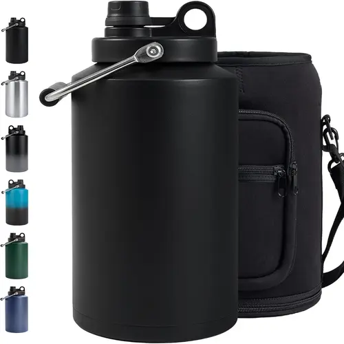 Insulated Gallon Jug with Handle, One Gallon, 128oz Stainless Steel, Large Double Vacuum Water Bottle for Cold Drinks, Wide Mouth, Sweat Proof, Carrier bag, Great for Travel, Camping
