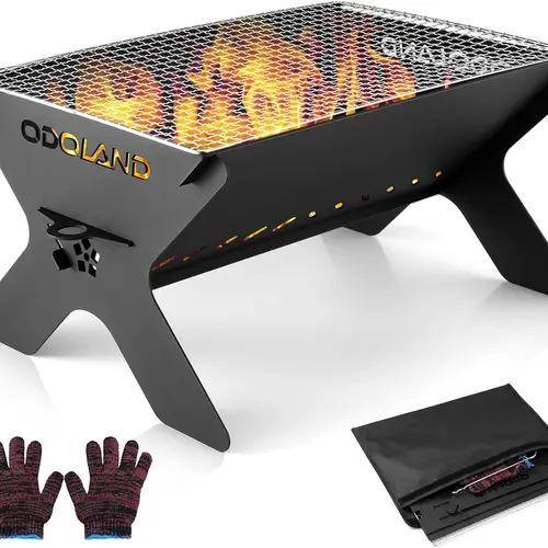 Odoland Camping Campfire Grill, Portable Folding Charcoal Grills, Backpacking BBQ Grill, Heavy Duty Firepit Grill with Carry Bag for Outdoor Cooking, Bonfire, Patio, Backyard