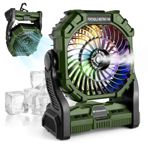 Odoland Portable Misting Fan, 10400mAh Camping Fan with RGB Light & 250mL Water Tank, Battery Operated Rechargeable Mister Tent Fan with Hook, Cooling Mist Fans for Outdoor Patios Beach RV Car Summer