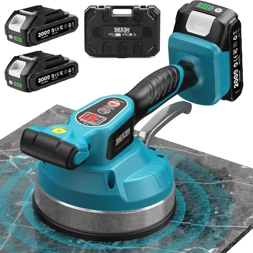 【SEESII】Cordless Tile Vibration Power Tool, 2-in-1 Leveling Machine with 2×2000mAh Batteries, 16mm Large Suction Grip, 12 Adjustable Vibration Levels with LED Display for Porcelain/Granite Floors (Pro & DIY Users)