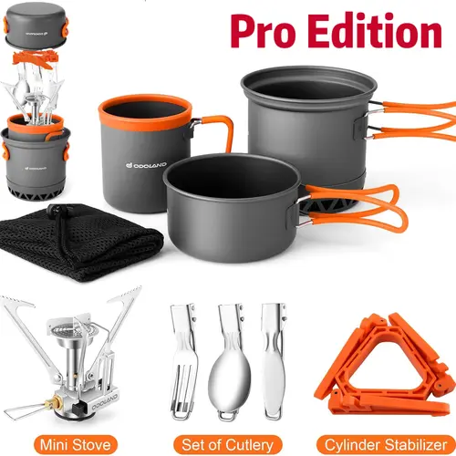 Odoland Camping Pots with Heat Exchanger Camping Cooking Set with Portable Camping Stove Camping Mess Kit Include Mug, Folding Utensil Set,Camping Cookware,Canister Stabilizer for Backpacking Outdoor Hiking & Picnic [Fuel not included]