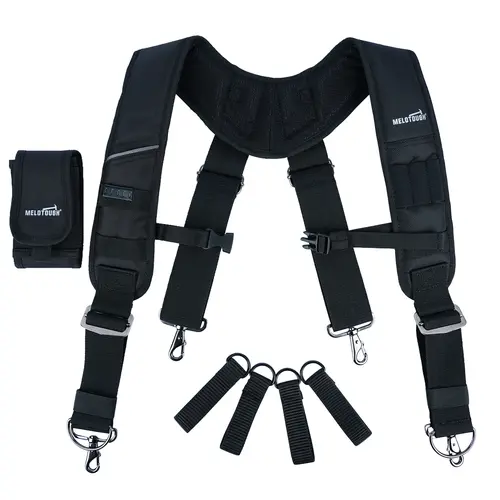 MELOTOUGH Heavy-Duty Leather Tool Belt Suspenders with Padded Mesh Foam Adjustable Shoulder Straps, Polyester Edit, Large Phone Holder, Key Chain, Trigger Hooks, 32-44" Pant Fit, Adjustable Loop for Carpenters