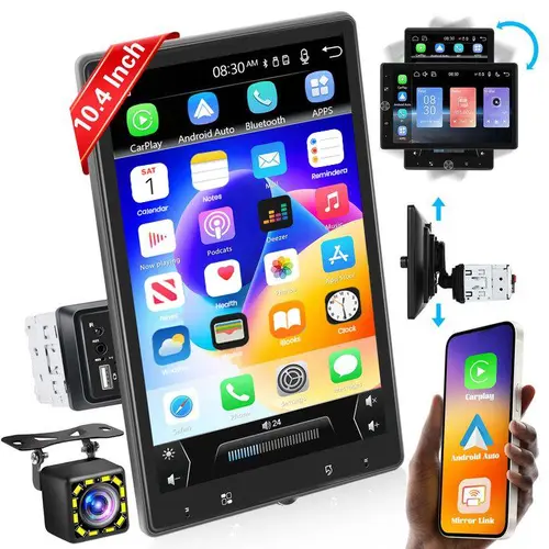 10.4-in Vertical Rotatable Touch Screen Single Din Bluetooth Head Unit Car Video Player with CarPlay, Android Auto, USB/TF Card Port, FM Radio, Mirror Link, Backup Camera, Dual Channel, Auxiliary Input, Customizable Audio, High Definition, 10.4-Inch, Powe