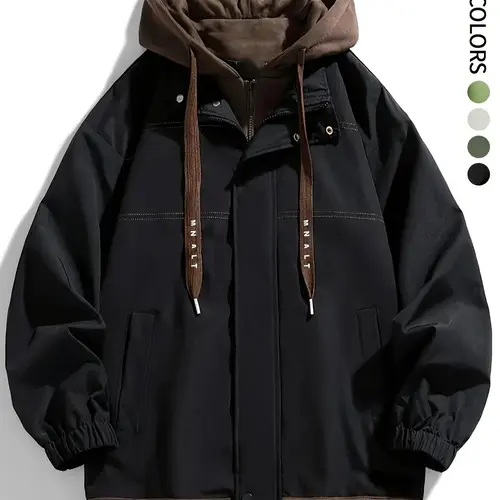 Men's Colorblock Letter Pocket Longsleeves Drawstring Hooded Jacket, Regular Fit Casual Windproof Long Sleeve Hoodie Jumper for Fall & Winter, Men's Clothes for Daily Wear, Fall Clothes 2024 Tops, Waterproof Jacket