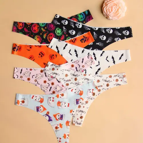 Women's Halloween Graphic Seamless Thong, Soft Comfy Breathable Drop Waist Panty for Daily Wear, Women's Underwear for All Seasons, Fit, Breathable Fit Panties