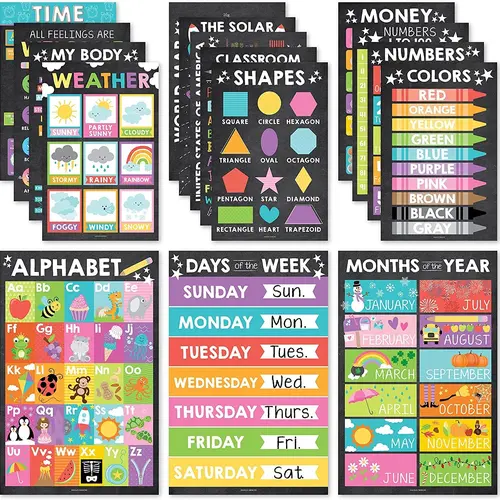 Colorful Chalk Educational Posters | Set of 16 | Classroom Supplies