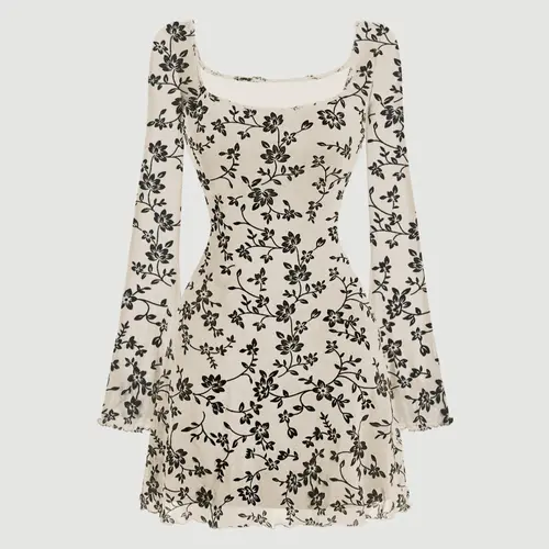 Women's Floral Print Flounce Sleeve Dress, Chic Elegant Feminine Casual Square Neck Long Sleeve A-Line Dress for Parties, Holidays and Wedding Guests, Suitable for All Seasons, Womenswear