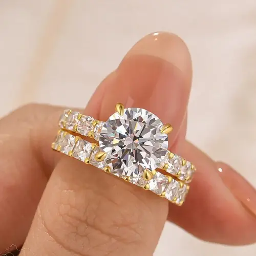 Effinny Tarnish-resistant Round Cut 4.0ct 925 Sterling Silver Wedding Ring Set, 14K Gold Plated 5A CZ Fashion Travel-friendly Design Bridal Jewelry for Women, Engagement