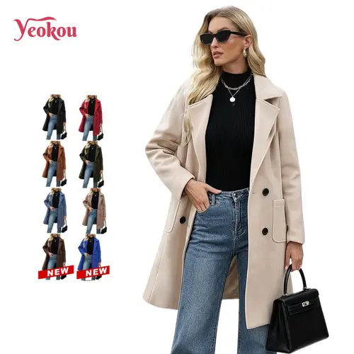 Yeokou Women's Double-Breasted Wool-Blend Peacoat - Elegant Mid-Length Warm Thick Winter Overcoat with Notch Lapel, Buttons, Pockets, Rayon, Available in Black/Blue, Ideal for Chic Work & New Year Occasions, Pea Coat