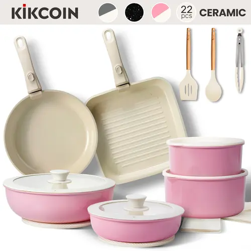 [SGS Certified]Kikcoin Ceramic Pro Non-Stick complete pots and pans set 22pcs Non-Toxic PFOAFree,Dutch oven,Cookware Set with Lids Detachable Handle,RV cook,Multifunctional,Healthy,milk pan,Roast Chicken Outdoor,,Easy Care,Kitchen,Mother’s Day gift tikt