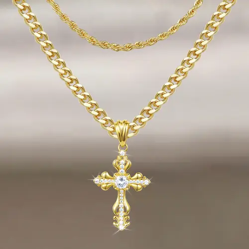 KissYan Layered Cross Necklace Faith Pendant For Men And Women, 14K Gold-Plated Delicate Cubic Zirconia Pendant Necklace, Fashionable Religious & Jewelry Mothers Day Gift Ideas TikTokShopBackToSchool, Cross Design Pendant, Necklaces